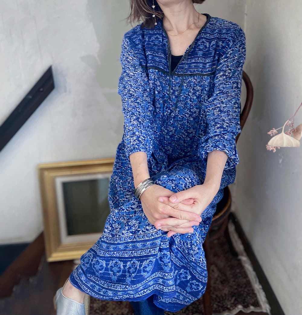 ヴィンテージインド綿ワンピースblue ヴィンテージインド綿ワンピースblue