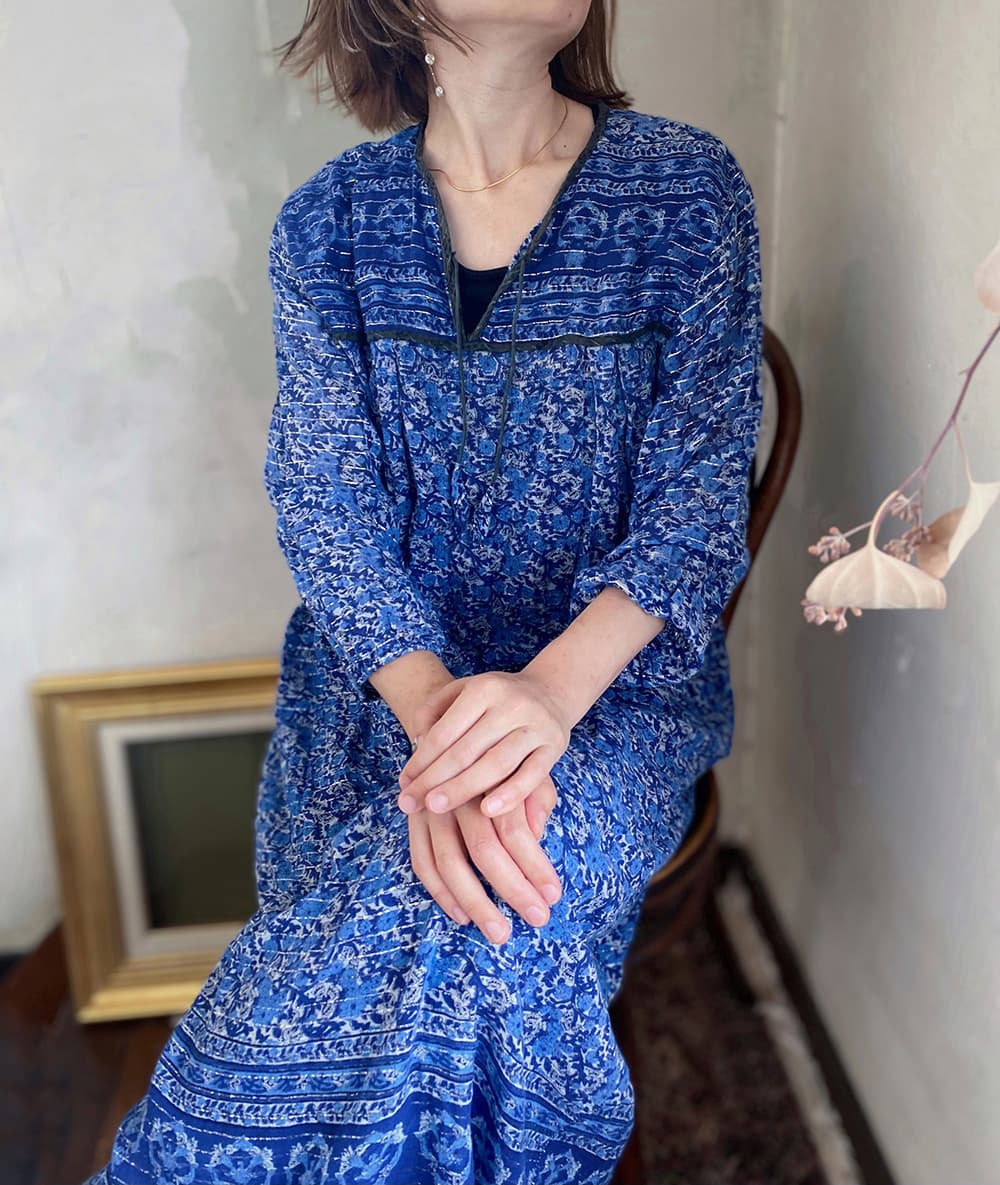 ヴィンテージインド綿ワンピースblue ヴィンテージインド綿ワンピースblue