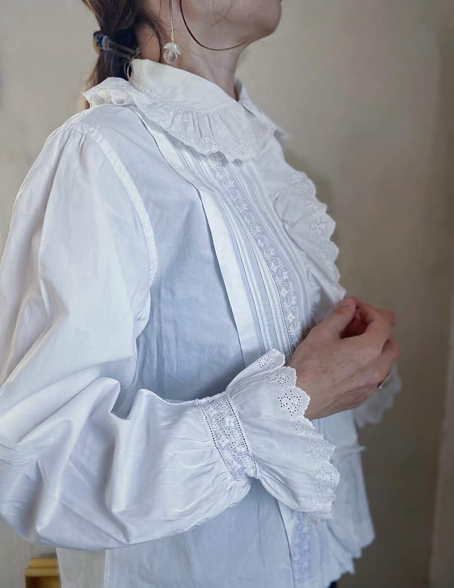 フランスアンティークブラウスフリルレースブラウスFrenchAntiquecottonblouse