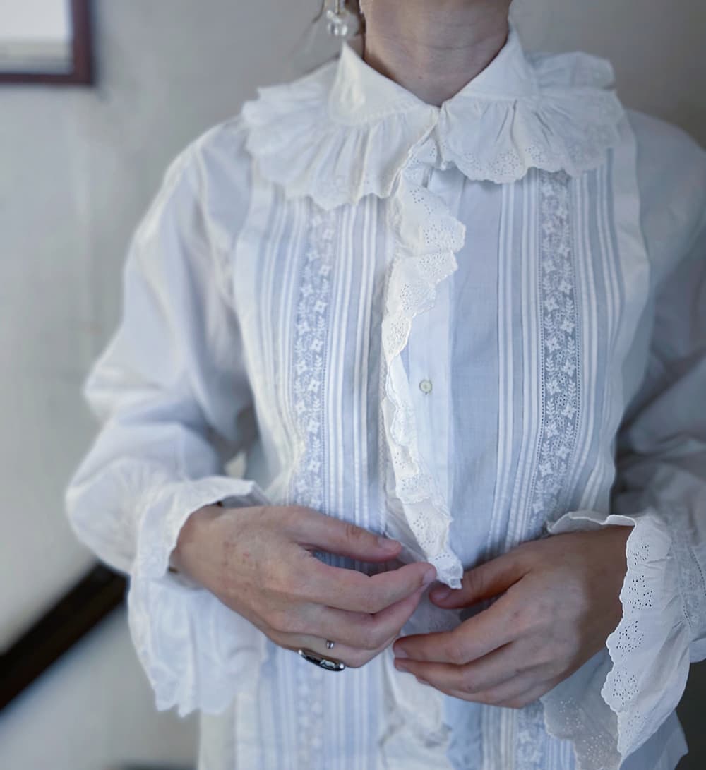 フランスアンティークブラウスフリルレースブラウスFrenchAntiquecottonblouse