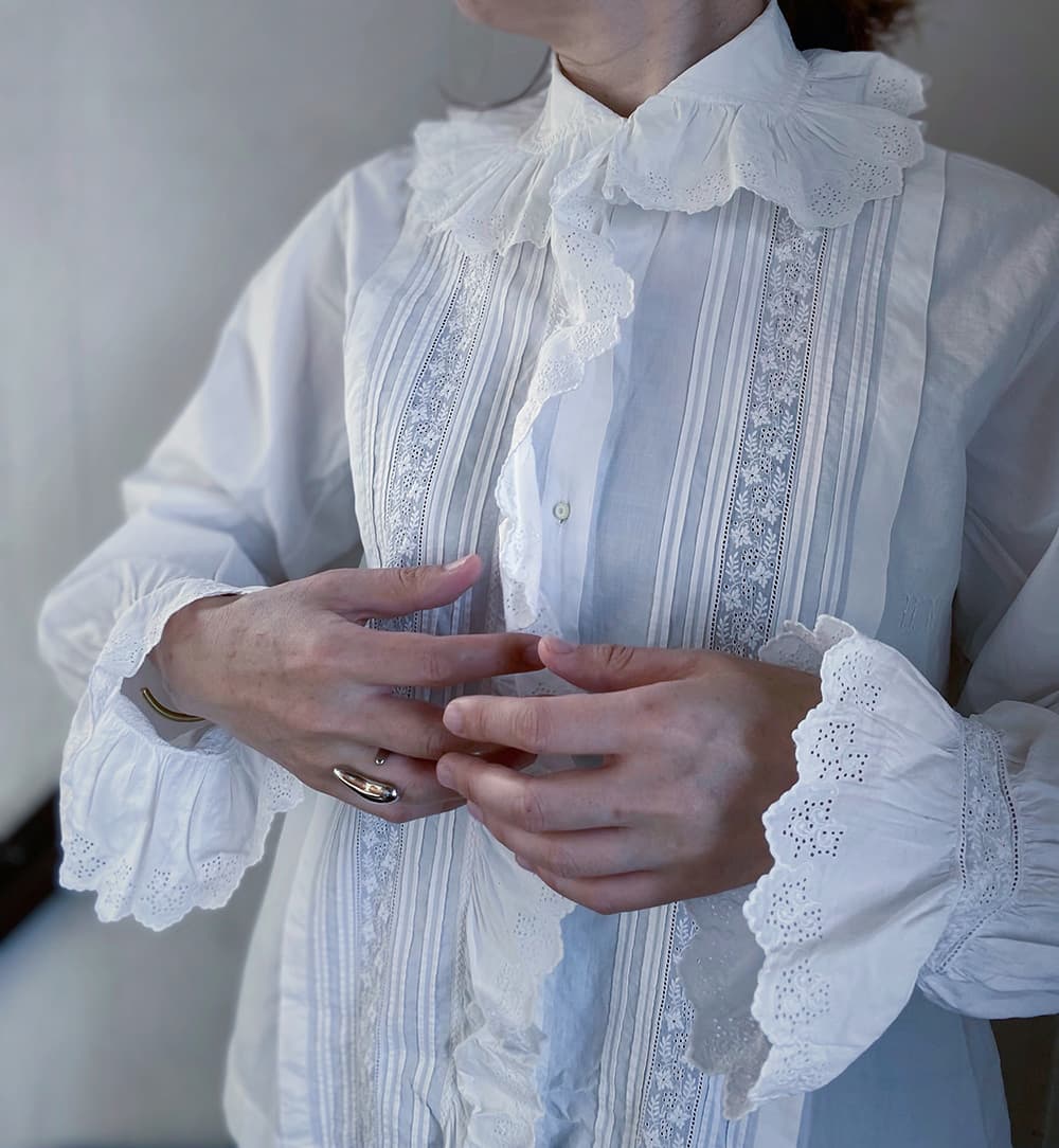 フランスアンティークブラウスフリルレースブラウスFrenchAntiquecottonblouse